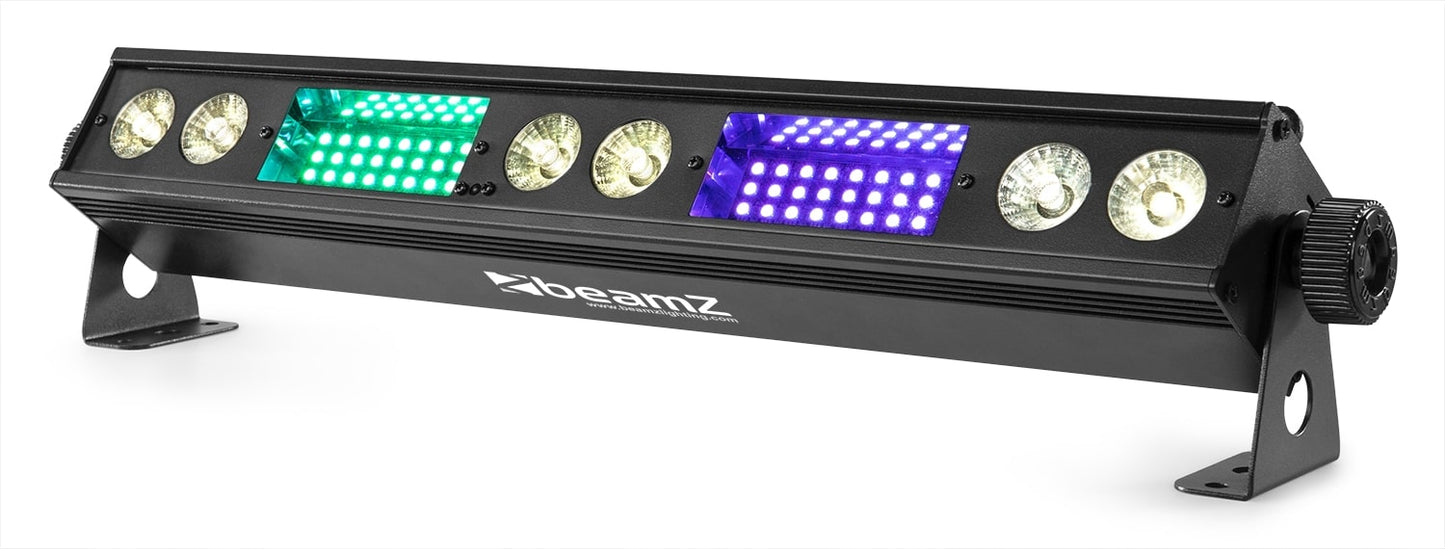 Angled view of the BeamZ LSB340 Multi Effect LED Bar showcasing vibrant RGB colors and warm white LEDs with various lighting effects 1.