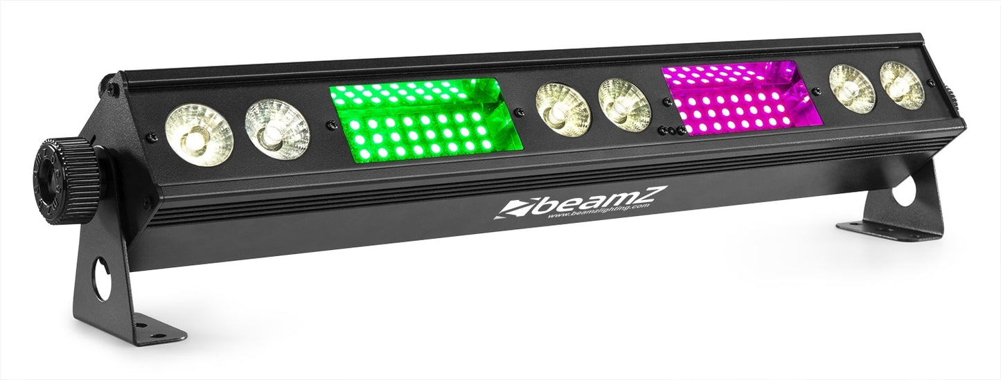 Angled view of the BeamZ LSB340 Multi Effect LED Bar showcasing vibrant RGB colors and warm white LEDs with various lighting effects 2.