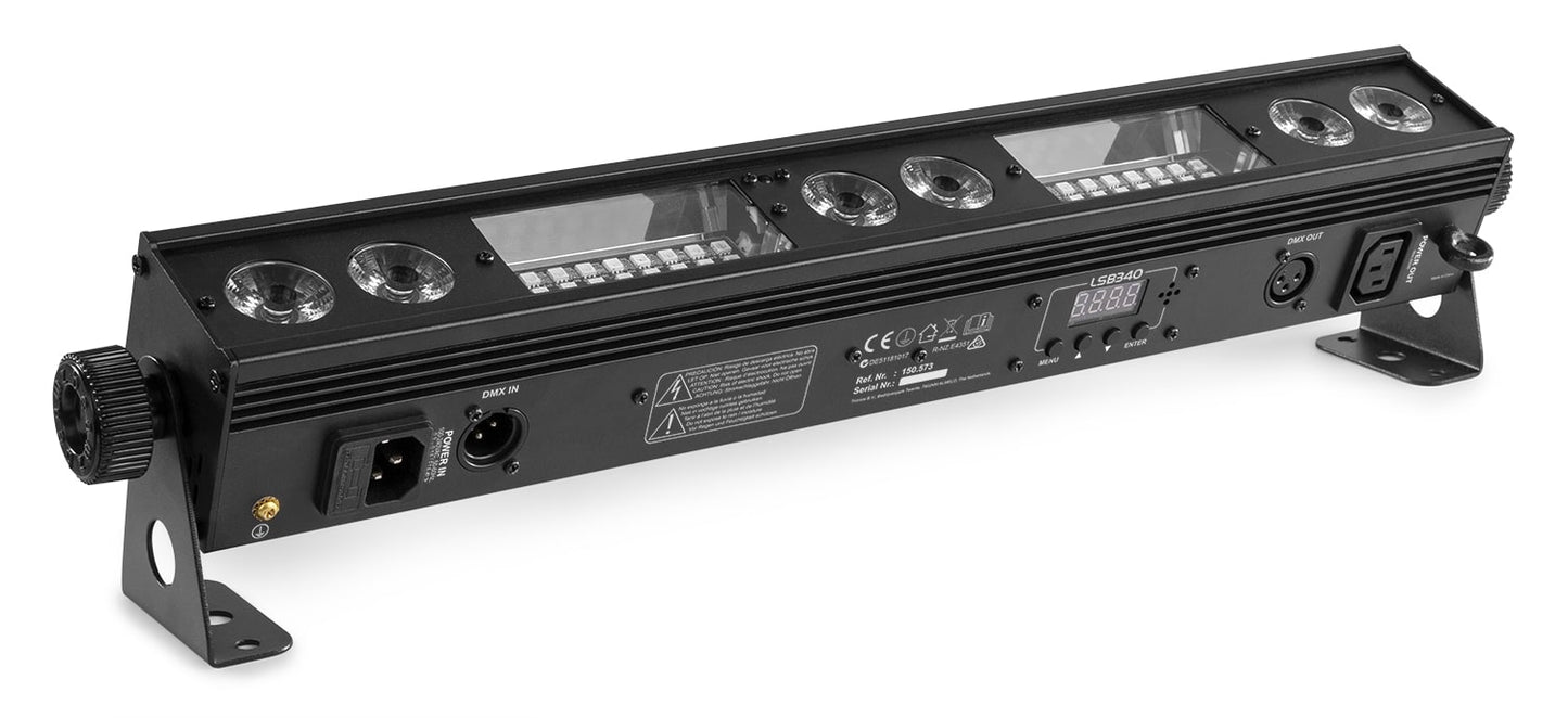 Top view of the BeamZ LSB340 Multi Effect LED Bar showcasing vibrant RGB colors and warm white LEDs with various lighting effects.