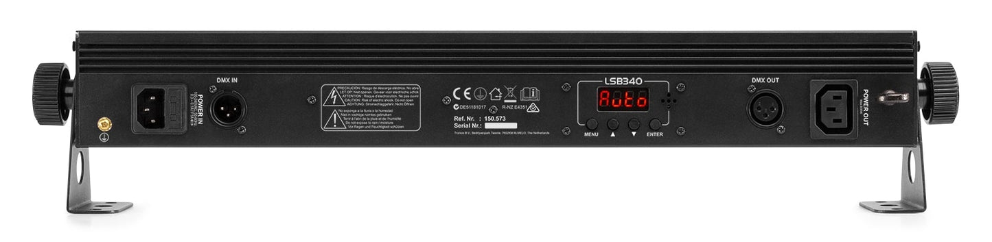 Back view of the BeamZ LSB340 Multi Effect LED Bar showcasing vibrant RGB colors and warm white LEDs with various lighting effects.