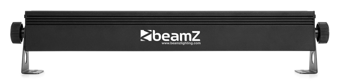 Bottom view of the BeamZ LSB340 Multi Effect LED Bar showcasing vibrant RGB colors and warm white LEDs with various lighting effects.