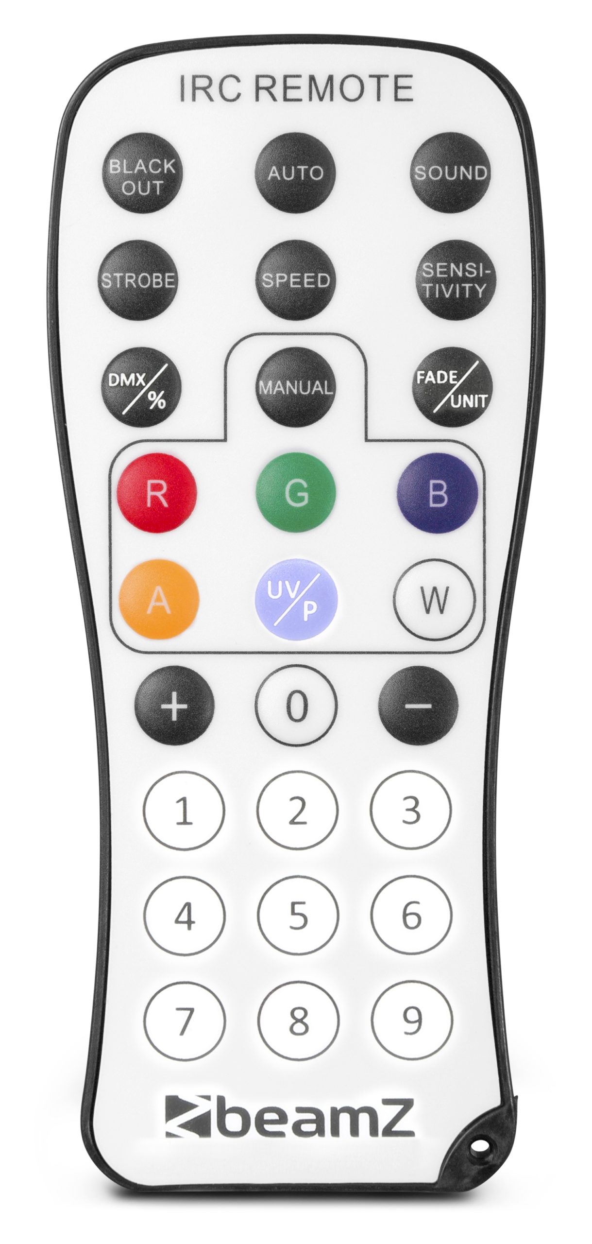 Top view of the remote control for the BeamZ LSB340 Multi Effect LED Bar showcasing vibrant RGB colors and warm white LEDs with various lighting effects.