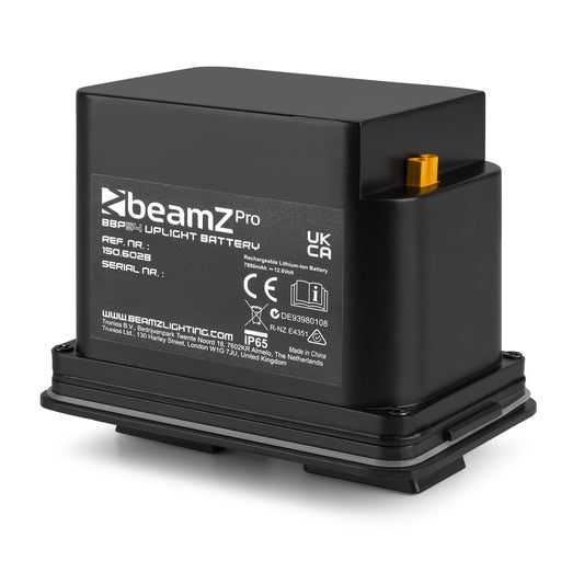 Front angled view of the BeamZ Pro BBP5XB Replacement Battery Pack for BBP54 and BBP59, offering up to 15 hours of operation and IP65 protection.