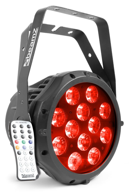 Front angled view of the BeamZ Pro BWA412 Aluminum IP65 LED PAR with 12x 18W RGBAW-UV LEDs, suitable for outdoor use in Red 1.