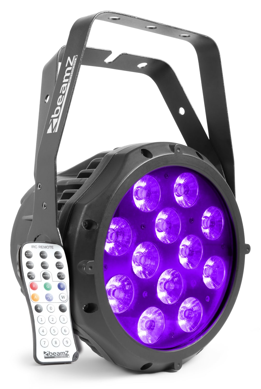 Front angled view of the BeamZ Pro BWA412 Aluminum IP65 LED PAR with 12x 18W RGBAW-UV LEDs, suitable for outdoor use in Purple 2.