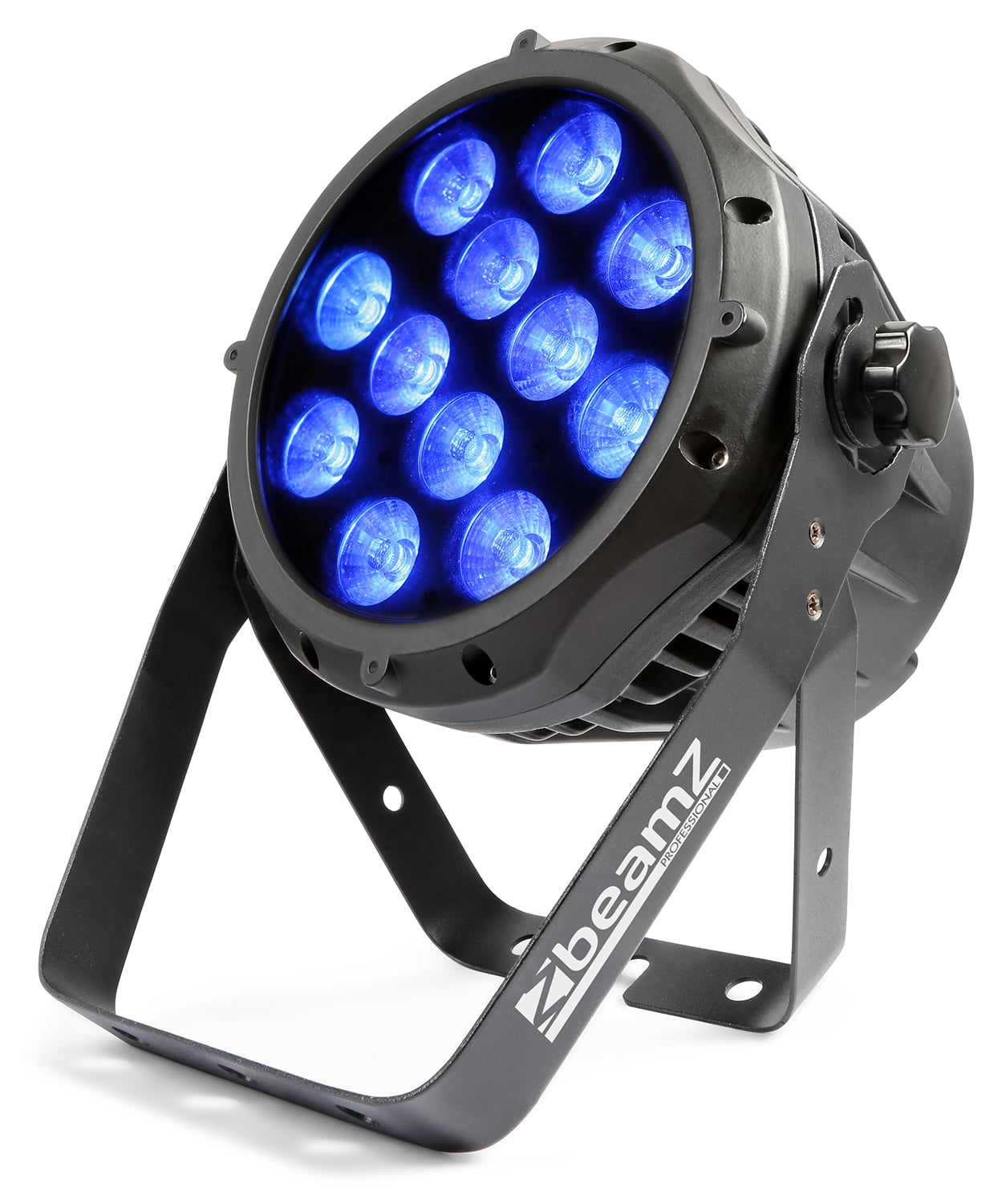 Front angled view of the BeamZ Pro BWA412 Aluminum IP65 LED PAR with 12x 18W RGBAW-UV LEDs, suitable for outdoor use in Blue 3.