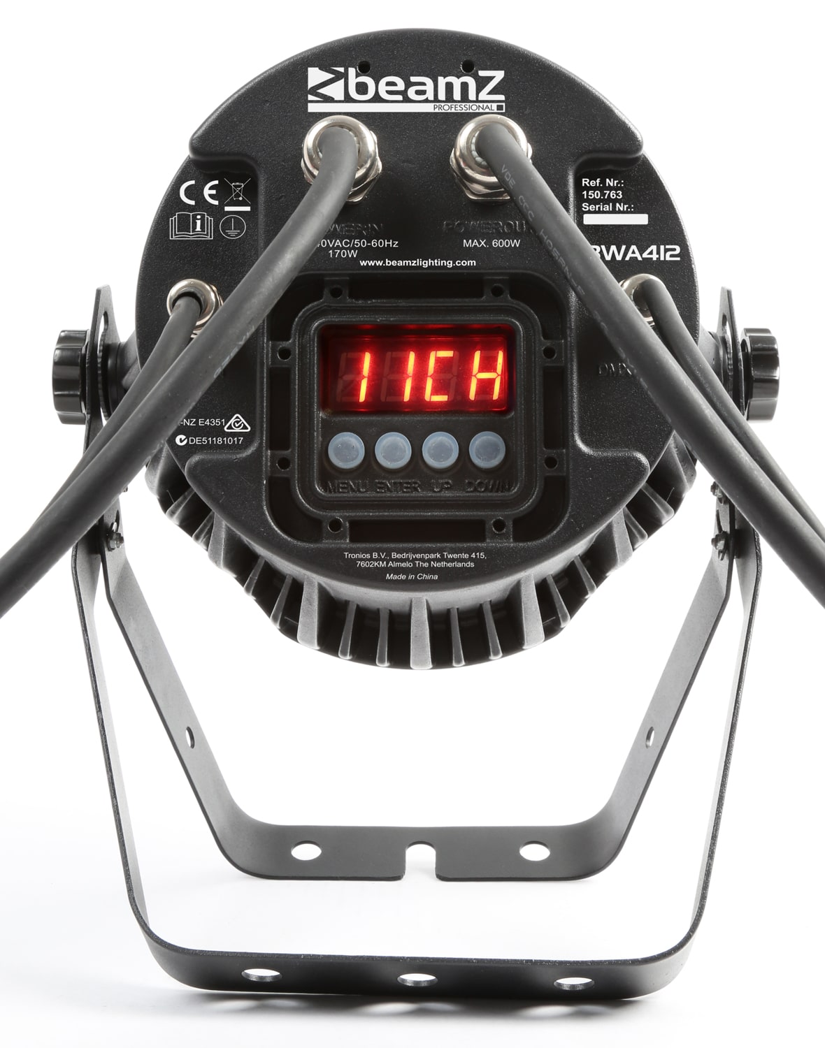 Back view of the BeamZ Pro BWA412 Aluminum IP65 LED PAR with 12x 18W RGBAW-UV LEDs, suitable for outdoor use.