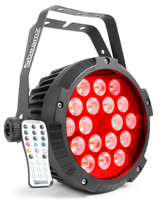 Front angled view of the BeamZ Pro BWA418 Aluminum IP65 LED PAR with 18x 12W RGBW LEDs, suitable for outdoor use in Red 1.