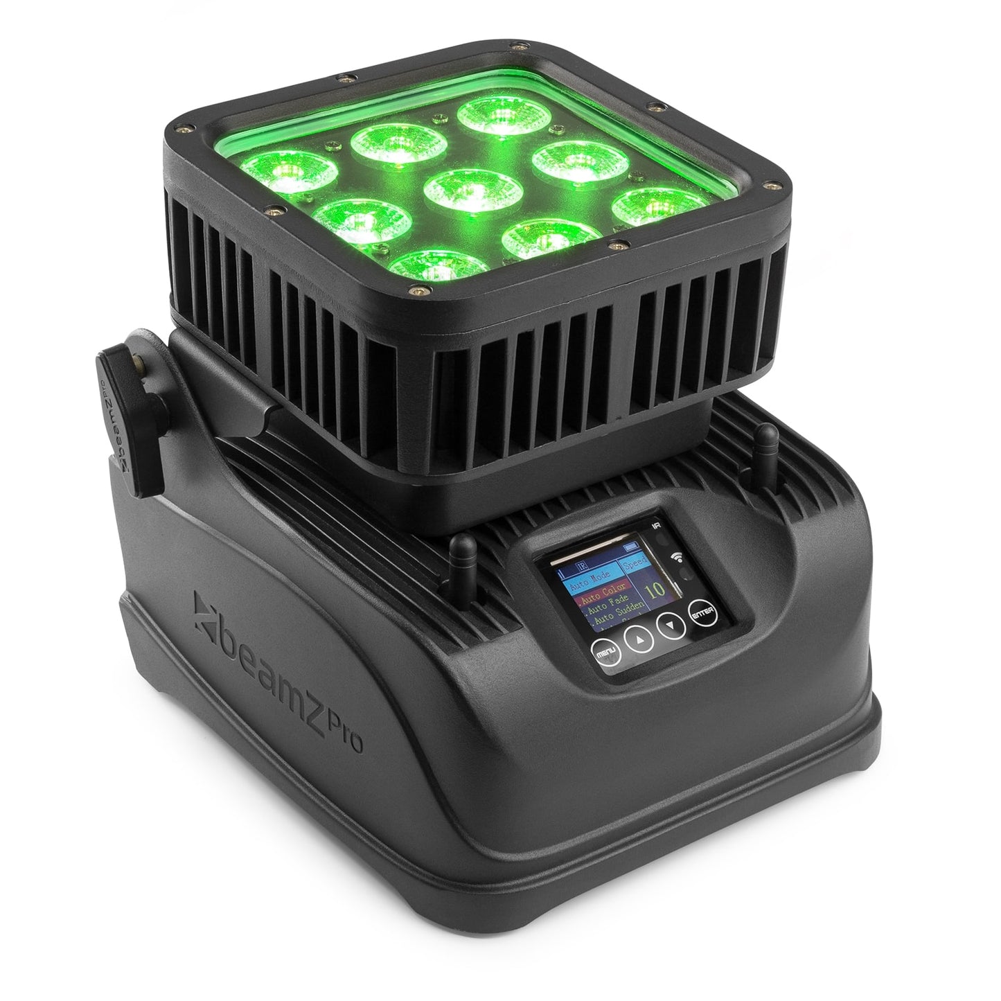 Top view of the BeamZ Pro StarColor72B Flood Light with 9x 8W RGBW LEDs and built-in battery pack, suitable for outdoor use in Green 1.