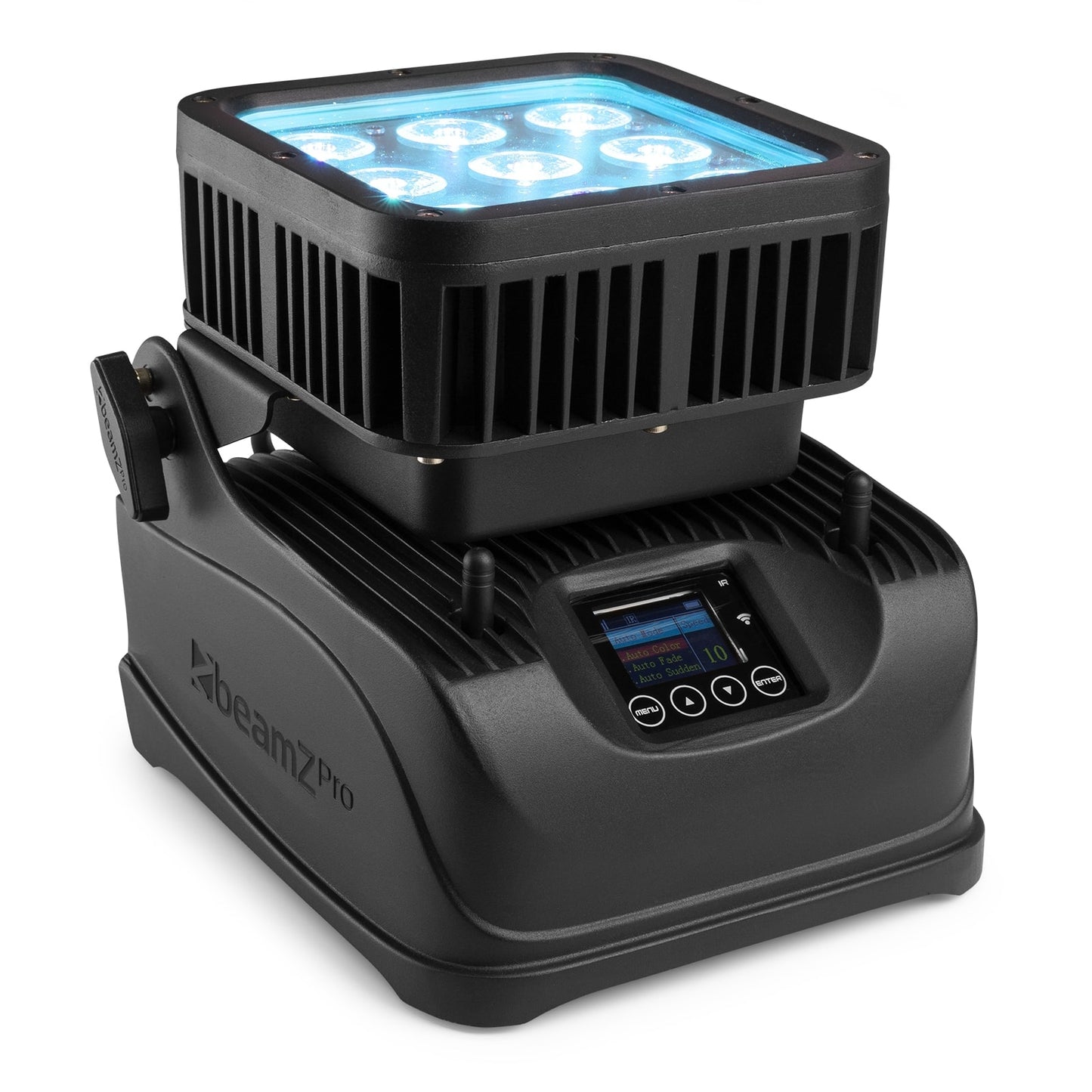 Top view of the BeamZ Pro StarColor72B Flood Light with 9x 8W RGBW LEDs and built-in battery pack, suitable for outdoor use in Blue 2.