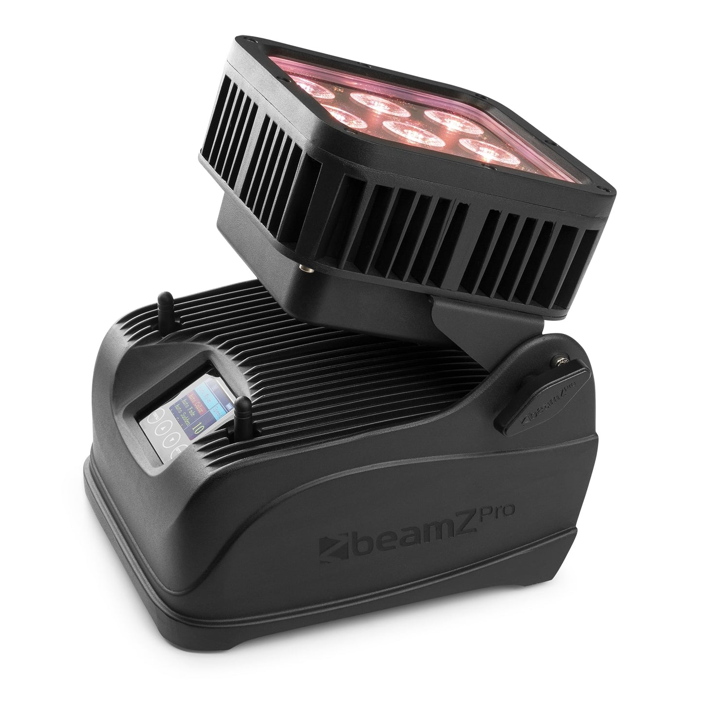 Top view of the BeamZ Pro StarColor72B Flood Light with 9x 8W RGBW LEDs and built-in battery pack, suitable for outdoor use in Red 4.