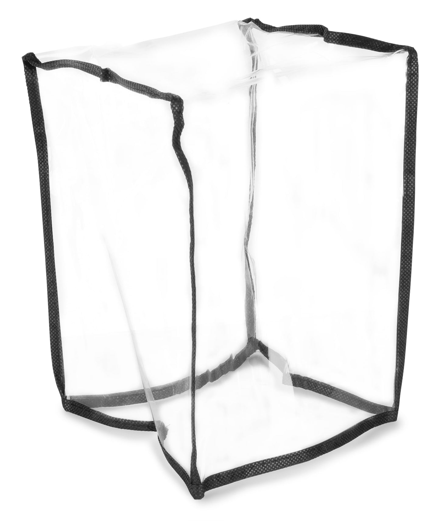 Front view of the Transparent BeamZ AC100 Uplight Rain Cover, featuring rugged corner materials and easy-to-fold design. Ideal for outdoor events.