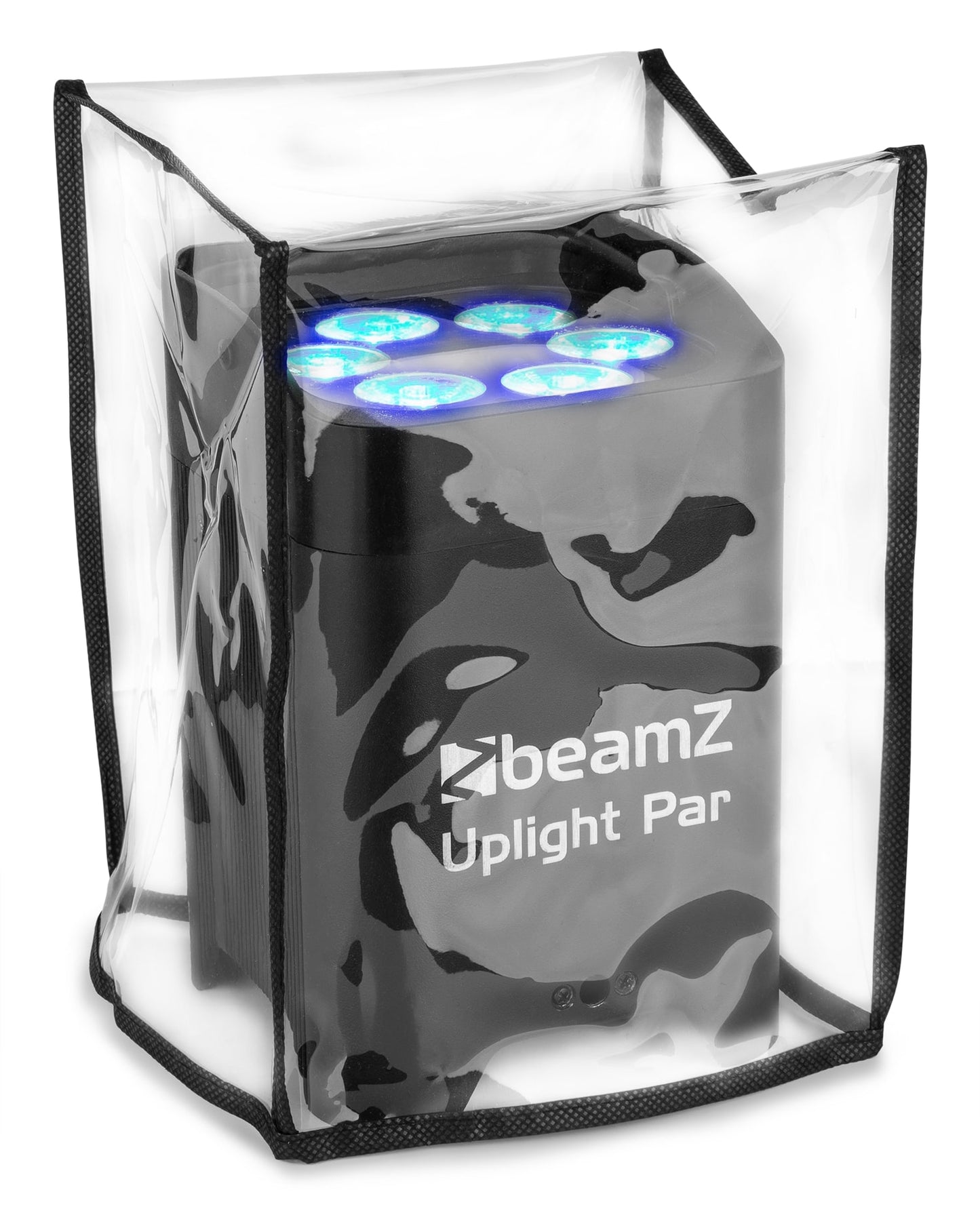 Application view of the Transparent BeamZ AC100 Uplight Rain Cover, featuring rugged corner materials and easy-to-fold design. Ideal for outdoor events.