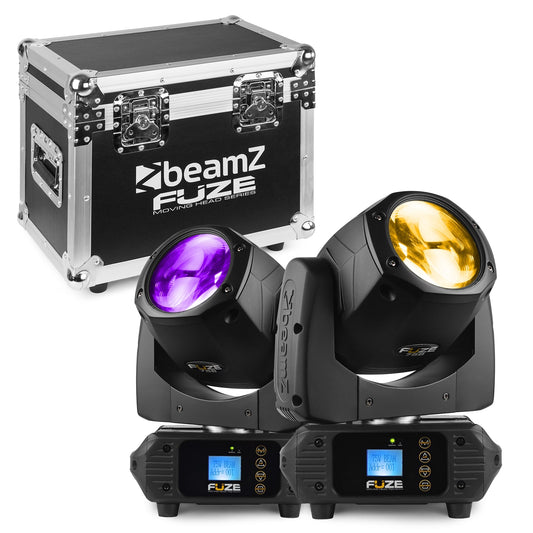 Top view of the Beamz Fuze75B Beam 75W LED Moving Head Set, ideal for DJs, bands, clubs, and installations, with flightcase.