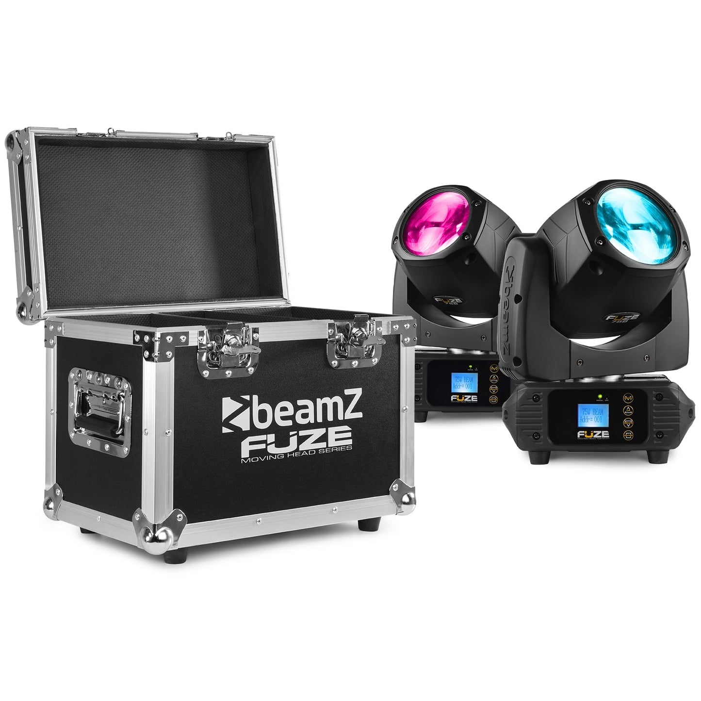 Top view of the open Beamz Fuze75B Beam 75W LED Moving Head Set, ideal for DJs, bands, clubs, and installations, with flightcase.