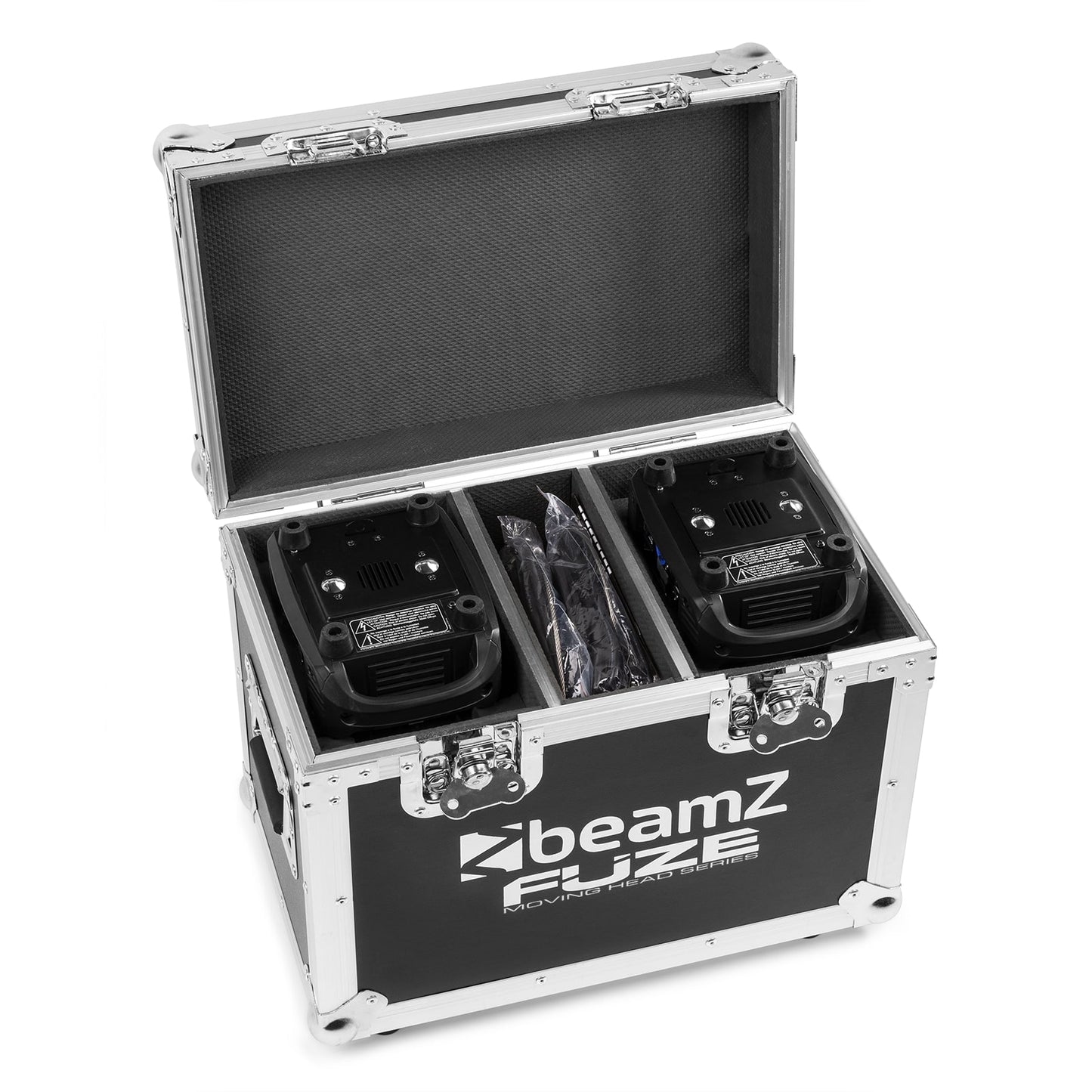 Top view of the open flighcase for the Beamz Fuze75B Beam 75W LED Moving Head Set, ideal for DJs, bands, clubs, and installations.