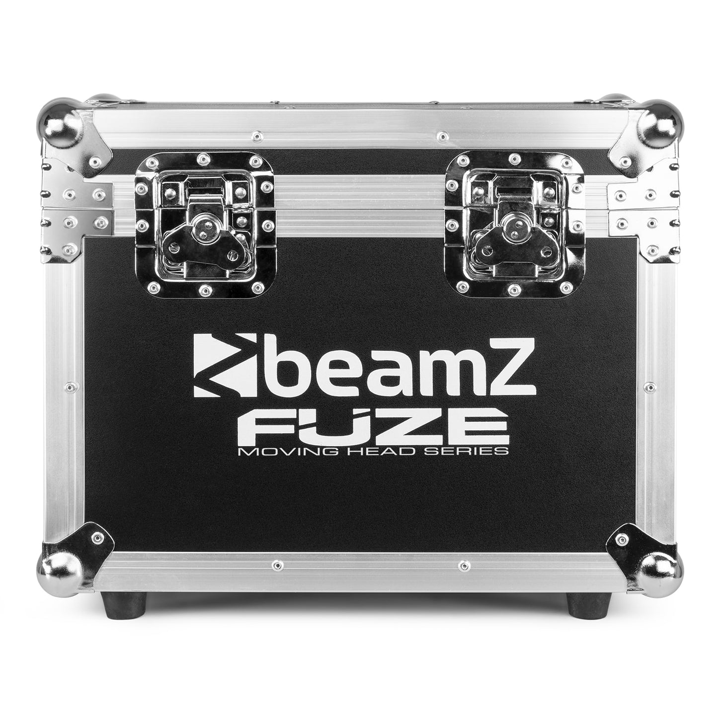 Front view of the flightcase Beamz Fuze75B Beam 75W LED Moving Head Set, ideal for DJs, bands, clubs, and installations.