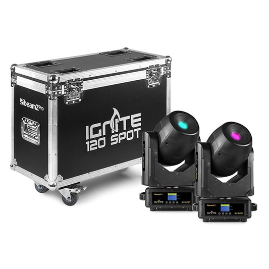 Top view of the Beamz Ignite120 LED 120W Moving Head Spot - Set of 2 in Flightcase, DMX control, rotating gobos, high-intensity LED.