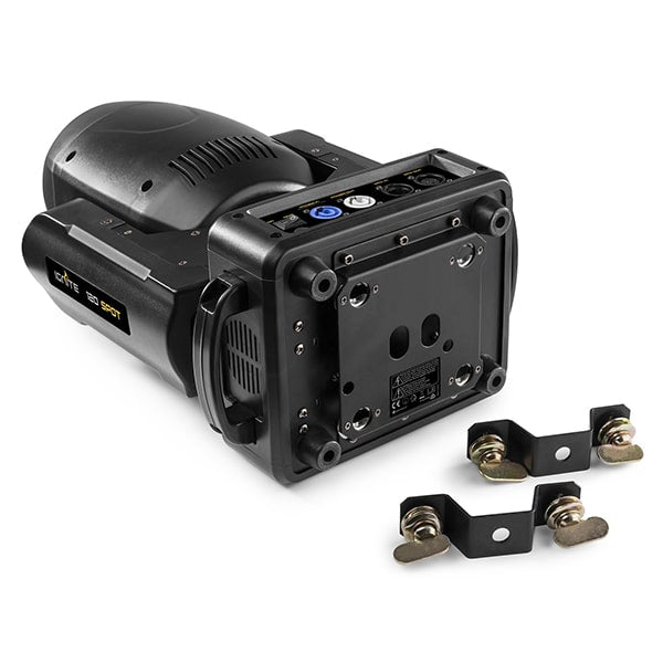 Top view of the Front view of the Beamz Ignite120 LED 120W Moving Head Spot - DMX control, rotating gobos, high-intensity LED with mounting brackets.