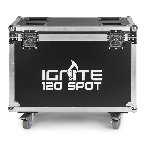 Front view of the flightcase for the Front view of the Beamz Ignite120 LED 120W Moving Head Spot - DMX control, rotating gobos, high-intensity LED.