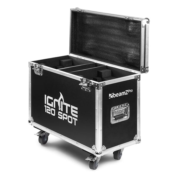 Top view of the open flightcase for the Front view of the Beamz Ignite120 LED 120W Moving Head Spot - DMX control, rotating gobos, high-intensity LED.