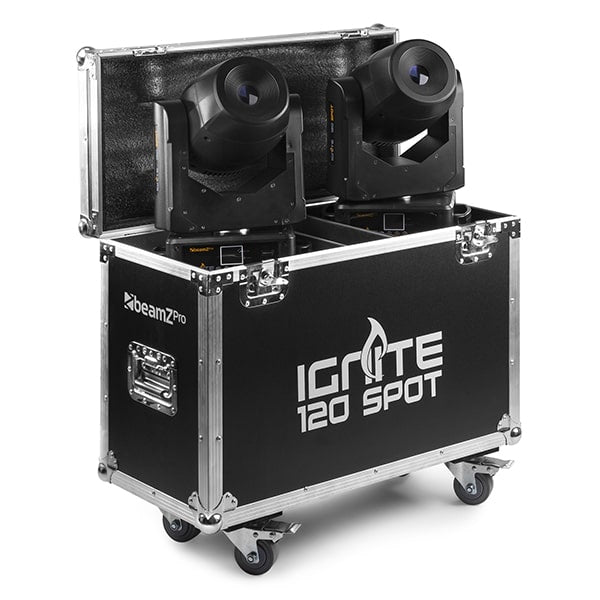Front view of the Beamz Ignite120 LED 120W Moving Head Spot - Set of 2 in Flightcase, DMX control, rotating gobos, high-intensity LED.