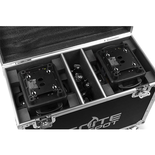 Top view of the flightcase packed with the Beamz Ignite120 LED 120W Moving Head Spot - Set of 2 in Flightcase, DMX control, rotating gobos, high-intensity LED.
