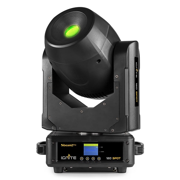Front view of the Beamz Ignite120 LED 120W Moving Head Spot - DMX control, rotating gobos, high-intensity LED in Green.