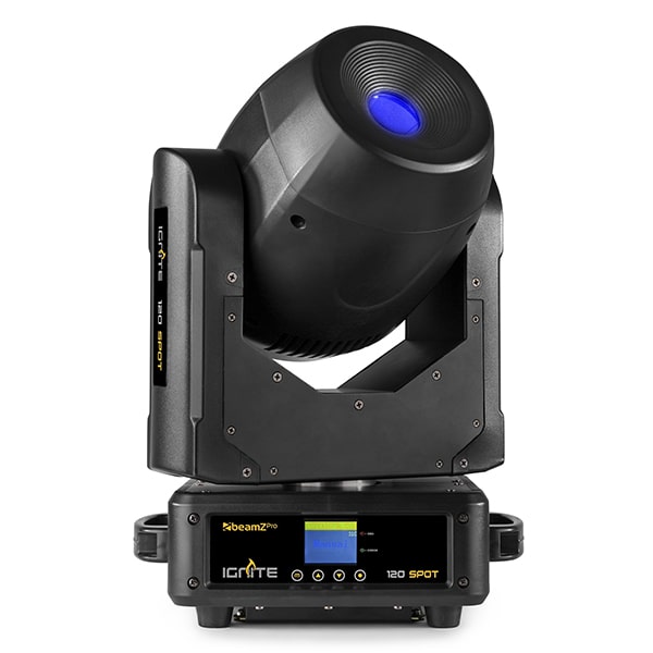 Front view of the Beamz Ignite120 LED 120W Moving Head Spot - DMX control, rotating gobos, high-intensity LED in Blue.