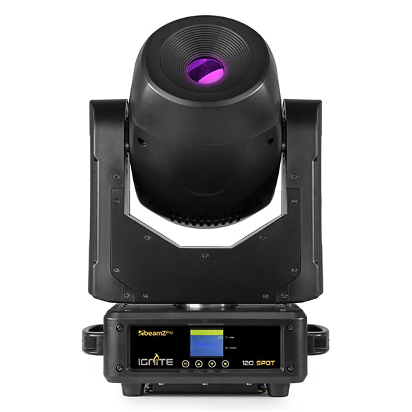 Front view of the Beamz Ignite120 LED 120W Moving Head Spot - DMX control, rotating gobos, high-intensity LED in Pink.
