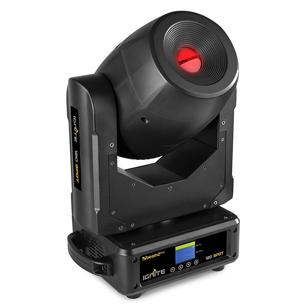 Front view of the Beamz Ignite120 LED 120W Moving Head Spot - DMX control, rotating gobos, high-intensity LED in Red.