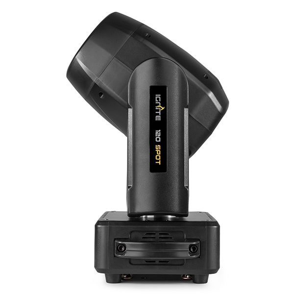 Side view of the Front view of the Beamz Ignite120 LED 120W Moving Head Spot - DMX control, rotating gobos, high-intensity LED.