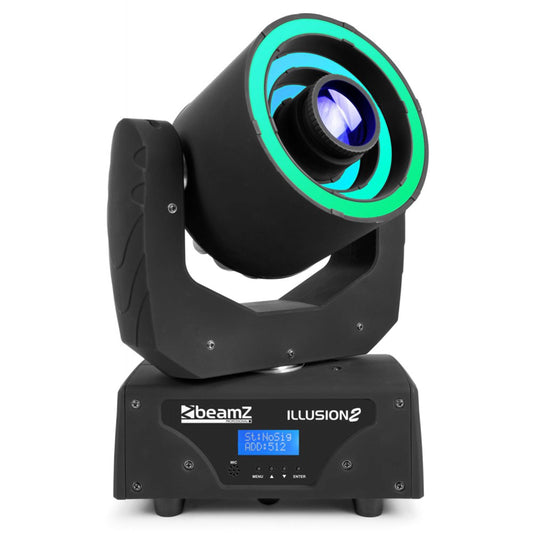 Front left angled view of the Beamz Illusion II Moving Head featuring a 30W LED with 9 gobos and 9 colors.