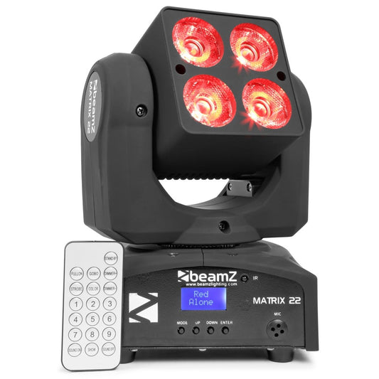 Front view of the Beamz MATRIX22 LED Moving Head featuring 4x 10W RGBW LEDs with DMX control.