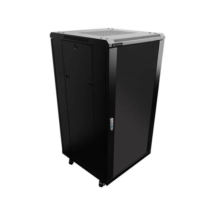 Linkbasic 22U cabinet with 600mm depth, featuring 2 fans and 2 shelves, displayed in a professional setting.