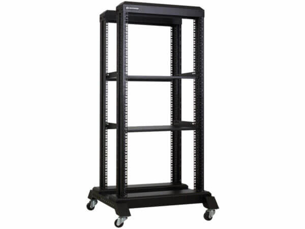 Image of the Linkbasic 22U Open Rack, featuring a 600mm depth and two shelves, suitable for equipment storage.