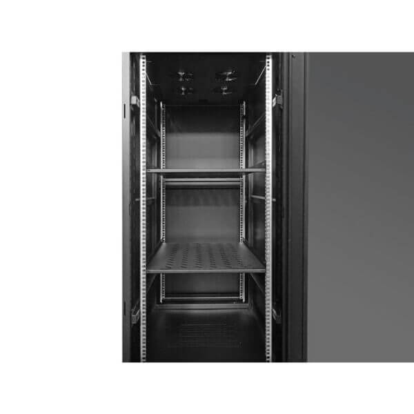 Image of the Linkbasic 27U Cabinet featuring 800mm depth, equipped with 4 cooling fans and 2 shelves.