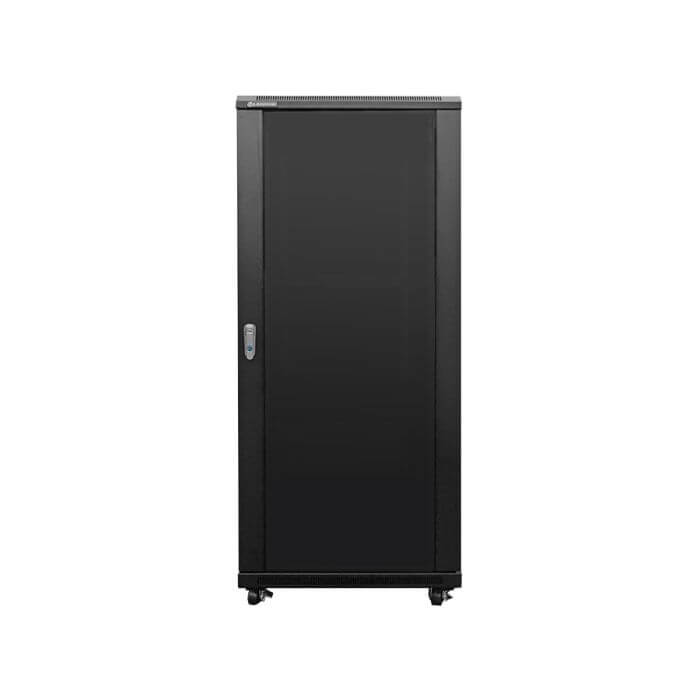 Linkbasic 27U cabinet with 1 meter depth, featuring 4 cooling fans and 2 shelves, designed for efficient equipment storage.