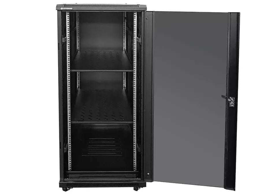 Linkbasic 27U Cabinet with 1 meter depth, featuring 4 cooling fans and 2 shelves, designed for efficient equipment storage.