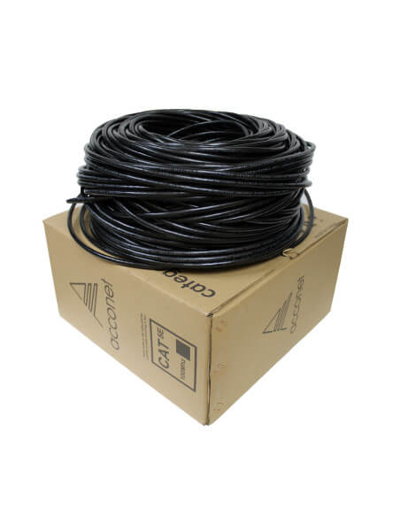 Acconet 100m roll of black solid copper CAT5e cable, UV protected for outdoor use.