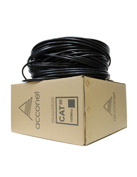 Acconet 100m roll of black solid copper CAT5e cable designed for outdoor use, UV protected and suitable for SF/TP applications.