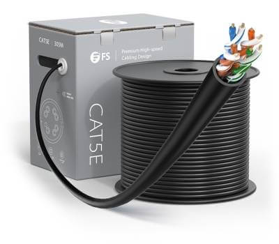 Image of a CAT5e 305m pull box, featuring UV shielding and solid copper UTP cable.