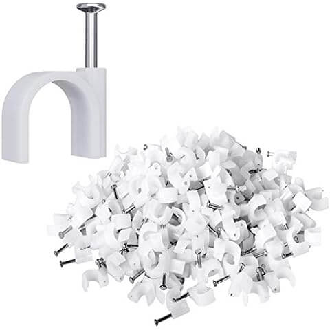 Image of a 100 pack of white 6mm cable clips, used for organizing and securing cables.