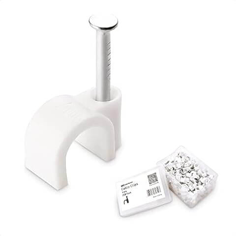 A pack of 100 white 6mm cable clips for organizing and securing cables.