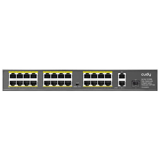 Cudy 24-Port PoE Switch with 290W power, featuring Gigabit Ethernet and 1 SFP port.