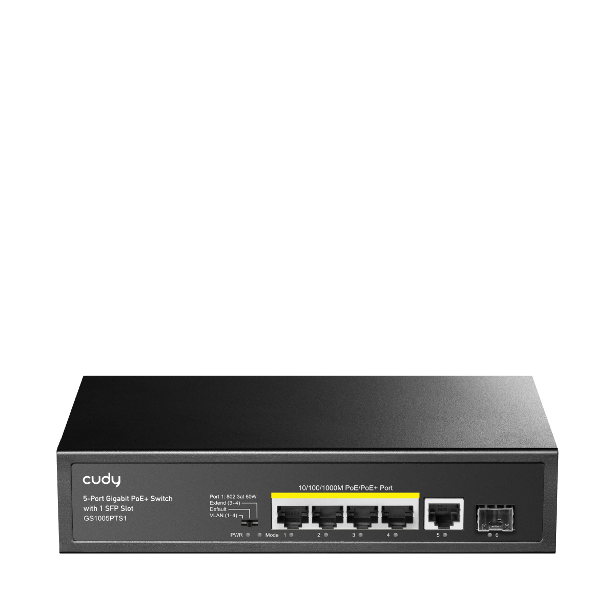 Cudy 5-Port Gigabit PoE Switch with 120W power and 1 SFP port, ideal for network setups.
