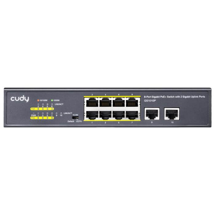 Cudy 10-Port Gigabit PoE Switch with 100W power output, featuring multiple Ethernet ports for network connectivity.