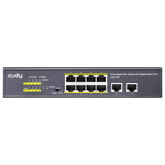 Cudy 10-Port Gigabit PoE Switch with 100W power output, featuring multiple Ethernet ports for network connectivity.