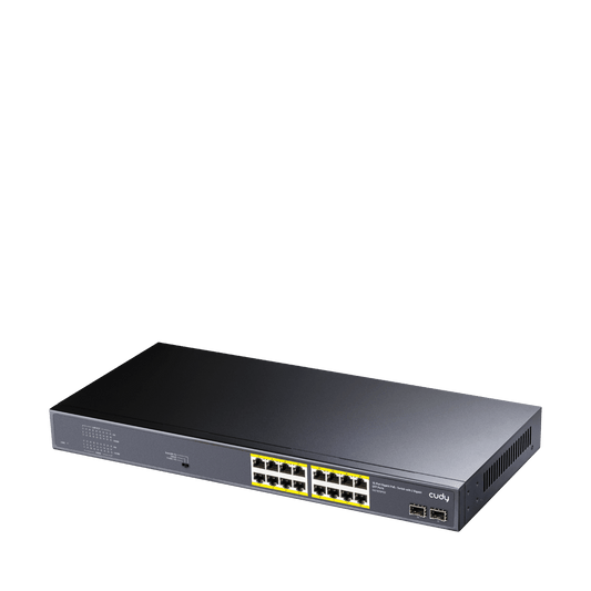 Cudy 16-Port PoE Switch with 190W power, Gigabit speed, and 2 SFP ports.