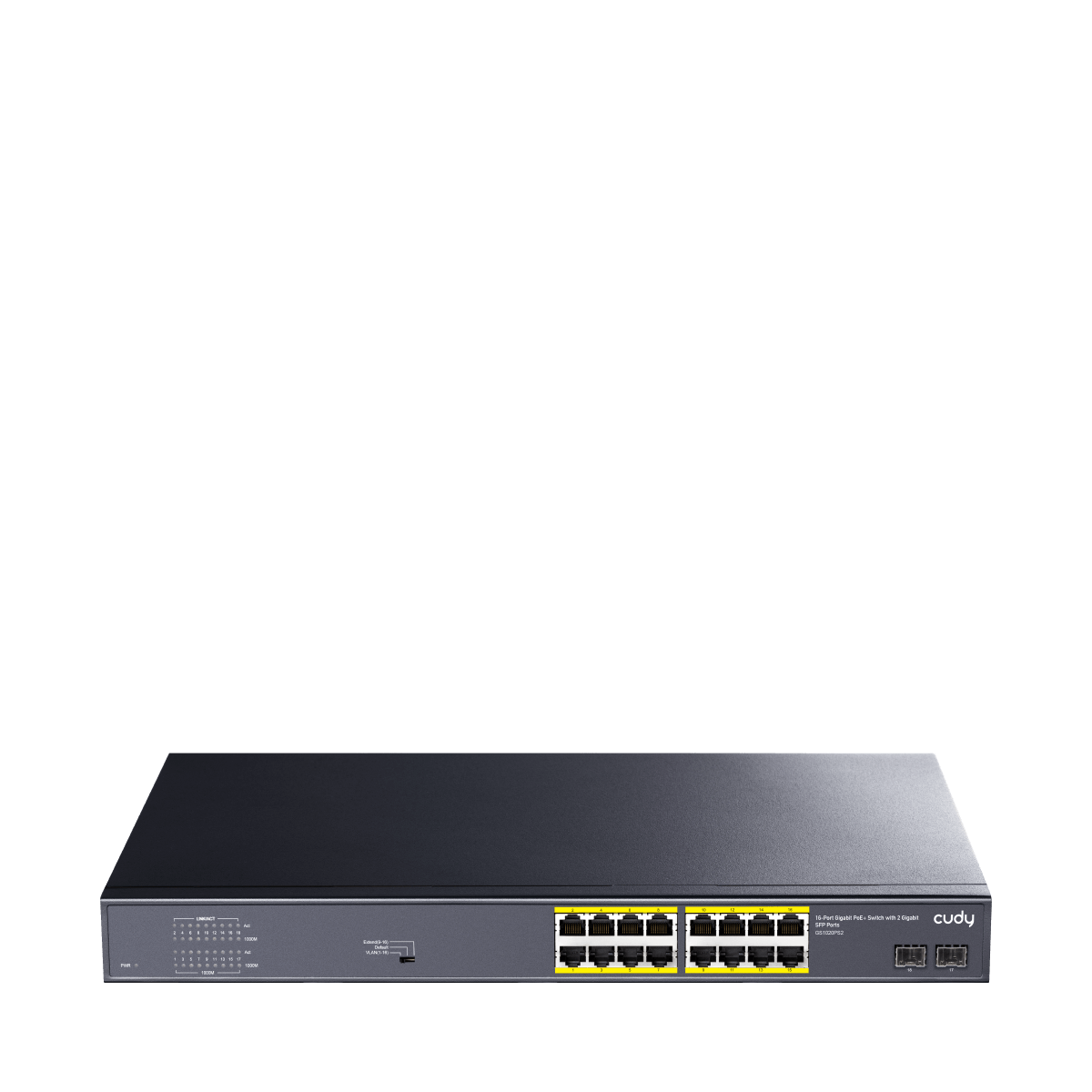 Cudy 16-Port PoE Switch with 190W power, Gigabit connectivity, and 2 SFP ports.